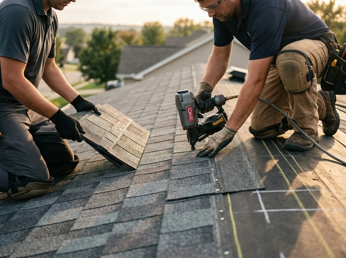 Professional roofer working on a residential roof in Marilla